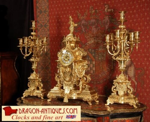 Majestic and Very Large Gilt Brass Clock Set, Athena ~ French - Circa 1870.